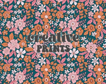 May include: A teal background with a repeating pattern of pink, orange, and white flowers. The text "creative prints" is in the center of the image.
