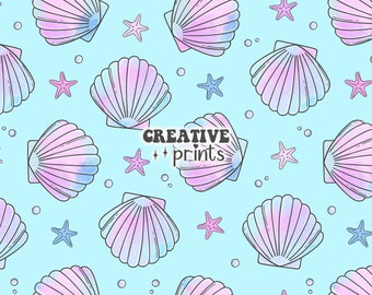 Summer Seamless Pattern, Mermaid Pattern for Fabric Sublimation, Shells Fabric design, Commercial use