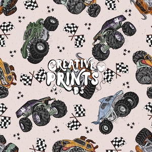 May include: A repeating pattern of cartoon monster trucks in shades of green, purple, and orange, with large tyres and aggressive faces. Checkered flags and stars are scattered across a light pink background. The text "CREATIVE PRINTS DS" is in the centre.