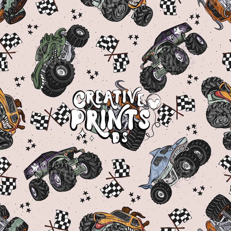 May include: A repeating pattern featuring cartoon monster trucks in various colors, including green, purple, and orange, with large tires and menacing faces. Checkered flags and stars are scattered across the light pink background. The text "CREATIVE PRINTS DS" is in the center.