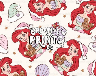 Princesa Sirena Navidad PNG sin costuras, Patrón de pretzel de ratón de cuento de hadas oceánico para sublimación, Tela navideña de conchas marinas descarga digital PNG