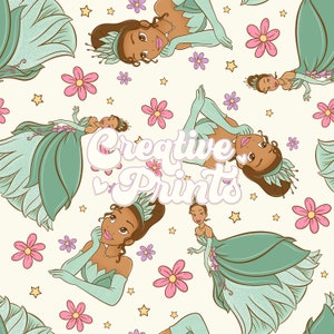 May include: A seamless pattern featuring a cartoon princess with brown skin and green clothing. The princess is wearing a crown and a green dress with a sparkly bodice. The background is a light yellow with pink and purple flowers and stars.