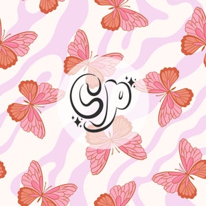 May include: A pink and white background with a repeating pattern of pink butterflies. The word "Shop" is written in black cursive lettering inside a circle.
