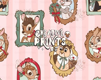 Patrón sin costuras de amigos del bosque enmarcado PNG, diseño de tela de animales del bosque navideños con rayas rosas, azulejo textil sin costuras Coquette 300 DPI