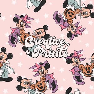 May include: A pink background with a repeating pattern of Mickey Mouse and Minnie Mouse dressed in Halloween costumes. Mickey Mouse is dressed as a vampire and Minnie Mouse is dressed as a witch. The text "Creative Prints" is in the center of the image.