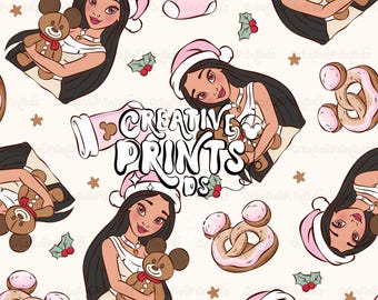 Princesa nativa navideña PNG sin costuras, patrón de pretzel de ratón de cuento de hadas para sublimación, tela de oso de jengibre navideño descarga digital PNG