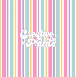 May include: A colorful striped background with the text "Creative Prints" in white with a retro font.