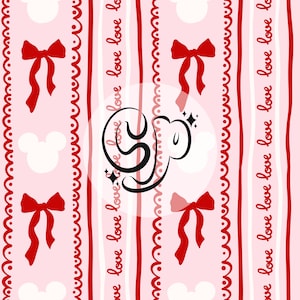May include: A pink and red patterned background with white mouse ears and red bows. The text "love love love love to be love love love love lo" is repeated vertically on the right side of the image.