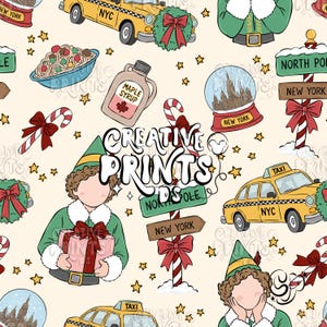 May include: A seamless pattern featuring illustrations of yellow NYC taxis, snow globes with city skylines, maple syrup bottles, candy canes, North Pole and New York signs, and an elf holding a gift, all accented with small yellow stars.