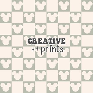 May include: A seamless pattern featuring a white Mickey Mouse head silhouette on a light green and white checkered background. The text "CREATIVE prints" is centered on the pattern.