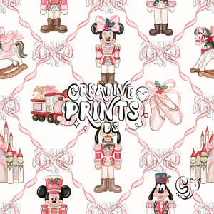 May include: A seamless pattern featuring cartoon nutcracker characters, a toy train, a rocking horse, ballet slippers, and a castle on a white background with pink ribbons. The text CREATIVE PRINTS DS is centered in black, stylized lettering.