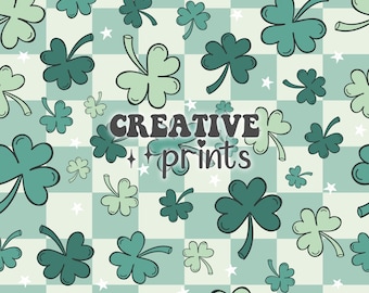 Kleeblatt St Patrick es Day Seamless Muster, St Paddys Seamless Datei für Stoffsublimation, Schachbrett Seamless Datei