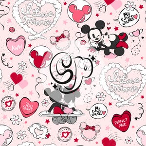May include: A pink and white seamless pattern featuring Mickey Mouse and Minnie Mouse in various poses. The pattern includes hearts, stars, flowers, and text that says "I Love Minnie", "My Sweet", "Too Sweet", and "Perfect Pair".