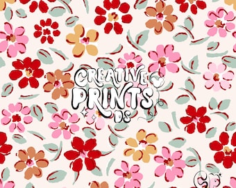 Red And Pink Vintage Floral Seamless Pattern Png - Ditsy Wildflower Fabric Surface Design Digital Download