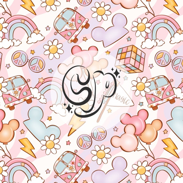 Retro Groovy Magical Seamless file, Pastel Colors Mouse Seamless Pattern