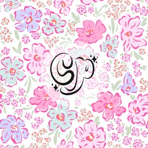 Pode incluir: Um fundo branco com um padrão repetitivo de flores rosa, azuis e verdes. A letra "S" está no centro da imagem em preto com um efeito de brilho.