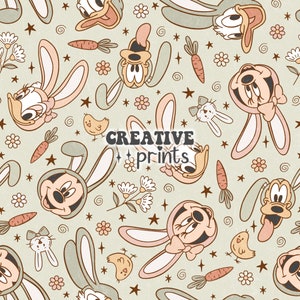 May include: A seamless pattern featuring cartoon characters dressed as bunnies. The characters include Mickey Mouse, Minnie Mouse, Donald Duck, and Goofy. The background is a light green with white stars, flowers, and swirls. The text "CREATIVE prints" is in the centre of the pattern.