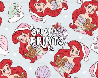 Princesa Sirena Navidad PNG sin costuras, Patrón de pretzel de ratón de cuento de hadas oceánico para sublimación, Tela navideña de conchas marinas descarga digital PNG