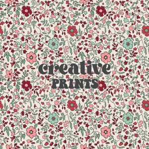 May include: A seamless pattern featuring a repeating design of small pink and red flowers with green leaves on a cream background. The text "creative prints" is superimposed on the pattern.