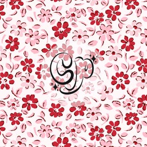 以下が含まれることがあります： 白い背景に、ピンクと赤の花が繰り返しパターンで描かれています。花はスタイリッシュで、水彩画のような効果があります。背景は白です。