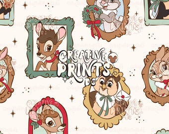 Patrón PNG sin costuras de amigos del bosque enmarcado, diseño de tela vintage con marcos de animales del bosque navideños, azulejo textil sin costuras color crema de 300 DPI.