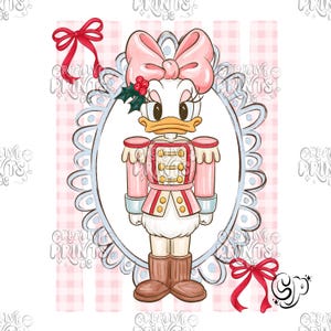 May include: A cartoon illustration of a white duck dressed as a nutcracker, wearing a pink uniform with gold buttons, a large pink bow, and a holly sprig. The character is framed by an ornate blue oval border against a pink gingham background.