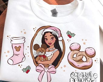Princesa nativa navideña PNG, sublimación de oso de jengibre enmarcado, camiseta navideña de ratón y pretzel, gráfico imprimible, descarga digital PNG