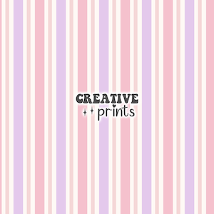 May include: A seamless pattern of alternating pink and purple vertical stripes on a white background. The text "CREATIVE + prints" is centered on the pattern.