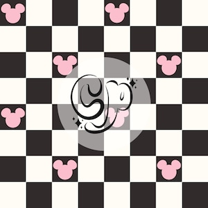 May include: A black and white checkered background with pink mouse ears in each corner. The center of the image features a black stylized letter "S" with a white background and a translucent circle around it.