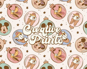 May include: A seamless pattern featuring cartoon characters from Disney, including Mickey Mouse, Donald Duck, and Goofy. The characters are depicted in a vintage style, with a retro color palette. The pattern is perfect for use in a variety of creative projects, such as fabric, wallpaper, and wrapping paper.