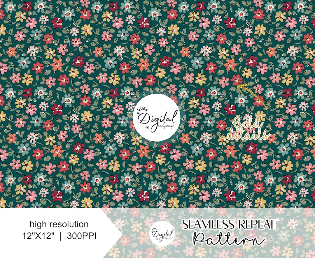 Cute Ditsy Floral Seamless Digital Paper Pattern, Gold Details, Fabric ...