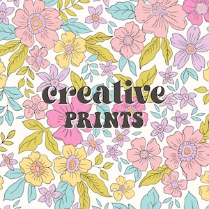 May include: A seamless pattern featuring a variety of pastel-coloured flowers and leaves on a white background. The text "creative prints" is centred in the image.