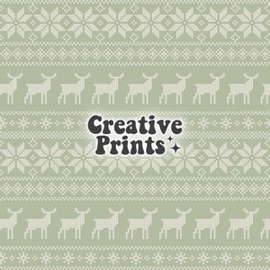 May include: A green and white Christmas-themed seamless pattern with a repeating design of reindeer and snowflakes. The text "Creative Prints" is in the center of the image.