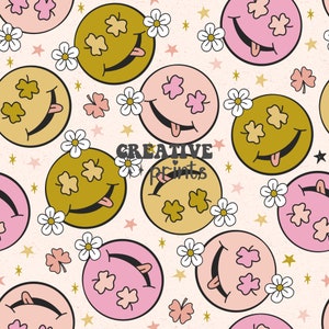 St. Patricks day Smiley face seamless pattern, Retro floral smiley faces seamless file for fabrics