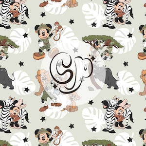Peut inclure: Un motif sans couture représentant Mickey Mouse et ses amis en safari. Le motif comprend Mickey Mouse, Minnie Mouse, Donald Duck, Dingo et Pluto habillés en tenue de safari. Le fond est de couleur vert clair avec des étoiles blanches et des feuilles.