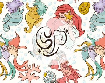 Summer Mermaid & Friends Seamless pattern, Seamless Repeat Pattern for Fabric Sublimation, Magical Summer Seamless File