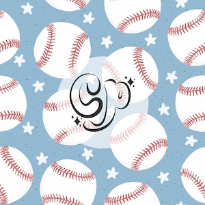 May include: A seamless pattern featuring white baseballs with red stitching on a light blue background with white stars. The word "GO" is written in black cursive in the center of the pattern.