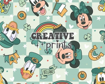 Maus & Friends St. Patricks digitales nahtloses Muster für Stoffsublimation, Lucky seamless file, Clover seamless digitales Muster