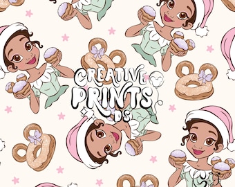 Magical Princess Christmas Seamless PNG, Fairytale Mouse Beignet Pattern Sublimation, Holiday Theme Park Treat DTF Digital Download