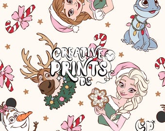 Ice Princess Christmas Seamless PNG, Winter Fairytale Snowman Pattern Sublimation, Holiday Reindeer Lizard Seamless Fabric Graphic