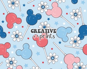 4th of July Seamless Pattern, Mouse Lollipop Flowers Seamless Repeat Pattern for Fabric Sublimation