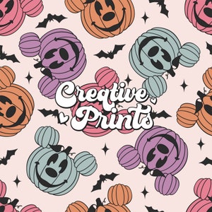 May include: A seamless pattern featuring a variety of pastel colored pumpkins with Mickey Mouse ears. The pumpkins have jack-o-lantern faces and are arranged on a light pink background with bats and stars. The text "Creative Prints" is in the center of the pattern.
