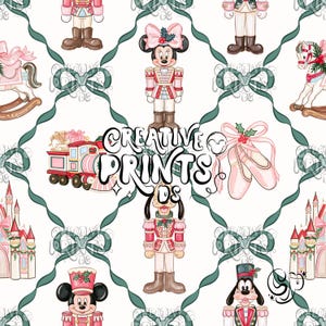May include: A seamless digital pattern featuring Christmas-themed illustrations of nutcracker characters, a toy train, ballet slippers, a rocking horse, and a castle, all connected by green ribbons on a white background with the text Creative Prints DS.