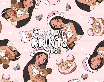 Princesa nativa navideña PNG sin costuras, patrón de pretzel de ratón de cuento de hadas para sublimación, tela de oso de jengibre navideño descarga digital PNG