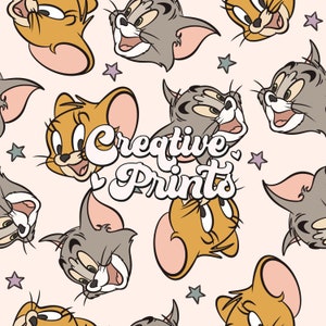 May include: A seamless pattern featuring cartoon characters Tom and Jerry. The background is a light pink color with stars. The text "Creative Prints" is in the center of the pattern.