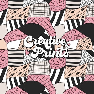 May include: A seamless pattern featuring a patchwork design with black and white stripes, pink and white swirls, and a grid pattern. The text "Creative Prints" is in the center of the design.