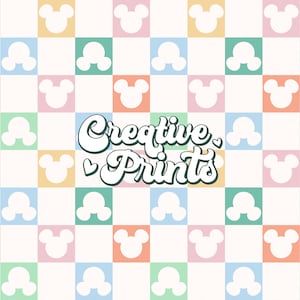 May include: A white background with a checkered pattern of pastel colors. Each square features a white silhouette of Mickey Mouse's head. The text "Creative Prints" is centered in the middle of the image.