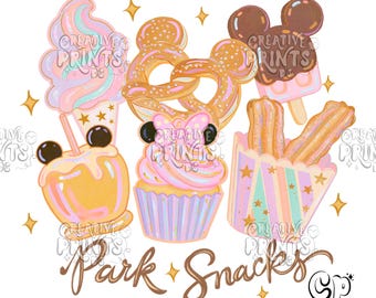 Park Snacks Sublimation Design Png - Pastel Theme Park Treats Soft Serve Churros Cupcake T-Shirt Graphic Digital Download