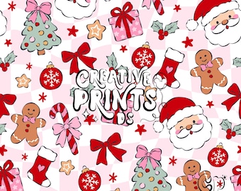 Santa Claus Gingerbread Man Christmas Seamless Pattern Png - Pink Bow Holiday Tree Candy Cane Surface Design Digital Download