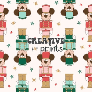 May include: A seamless pattern featuring a cartoon Mickey Mouse dressed as a nutcracker. The pattern is on a white background with gold, red, and green stars. The text "CREATIVE prints" is in the center of the pattern.